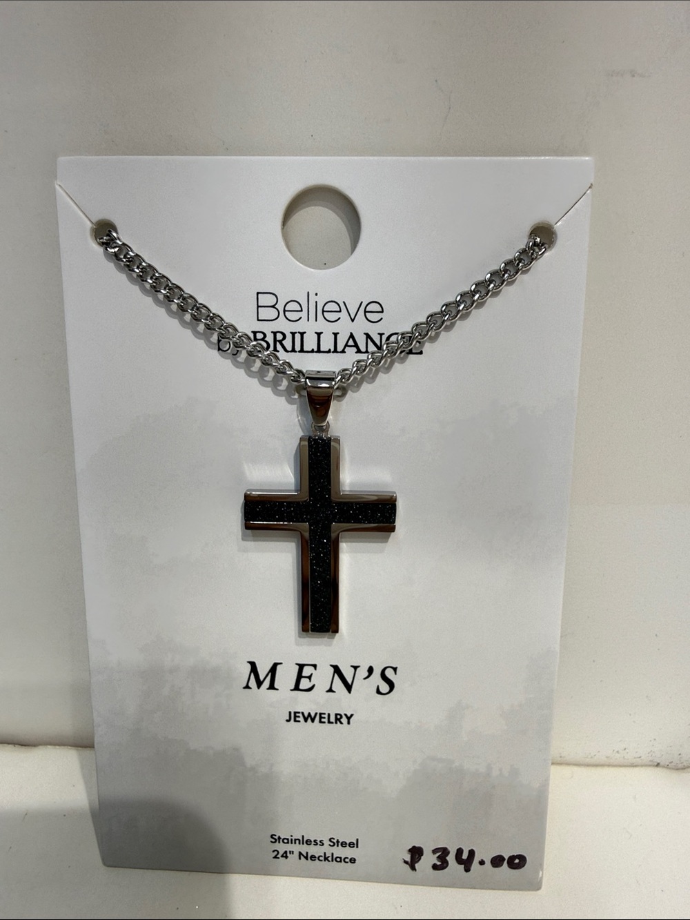 Men's Stainless Steel Cross Necklace with Black Inlay